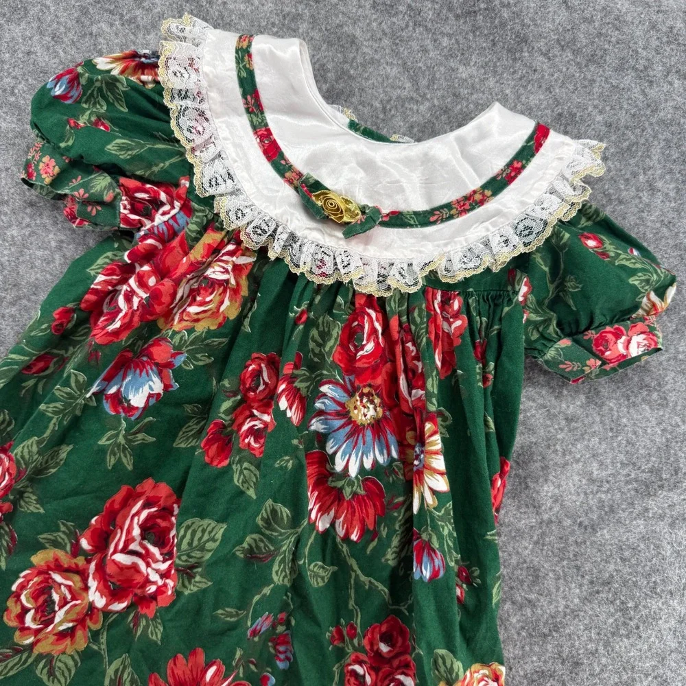 Jo Lene Floral Rose Dress Kids Size 2T Green Red Lace Trim Vintage Style USA